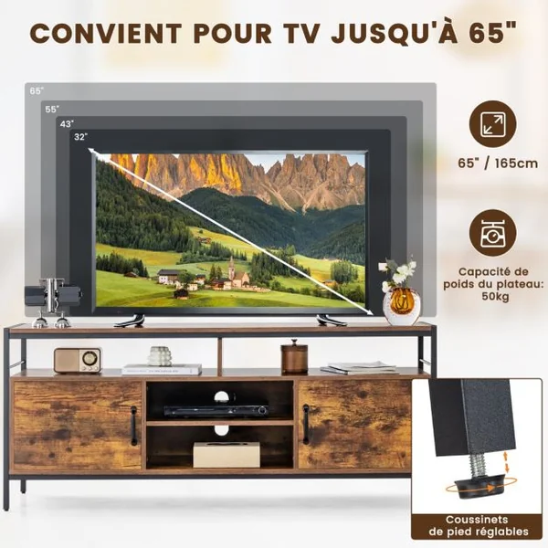 Meuble Tv Industriel Meuble Télé avce 2 Placards à Porte et 4 Compartiments Meuble pour TV jusqu'à 65 Pouces 147 x 40 x 62 cm Marron Rustique
