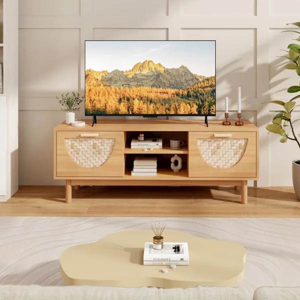 Meuble TV jusqu'à 55" Table Console Multimédia Moderne Etagères Ouvertes Tiroirs Tissés en Bambou Centre de Divertissement Blanc et Naturel