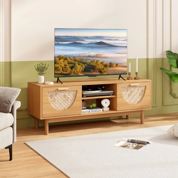 Meuble TV jusqu'à 55" Table Console Multimédia Moderne Etagères Ouvertes Tiroirs Tissés en Bambou Centre de Divertissement Blanc et Naturel