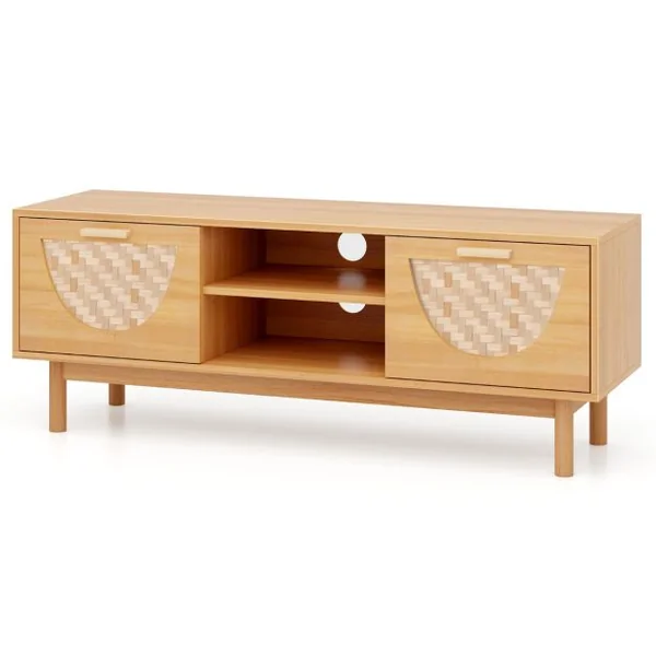 Meuble TV jusqu'à 55" Table Console Multimédia Moderne Etagères Ouvertes Tiroirs Tissés en Bambou Centre de Divertissement Blanc et Naturel