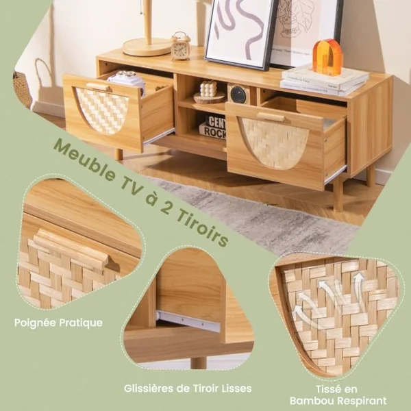 Meuble TV jusqu'à 55" Table Console Multimédia Moderne Etagères Ouvertes Tiroirs Tissés en Bambou Centre de Divertissement Blanc et Naturel