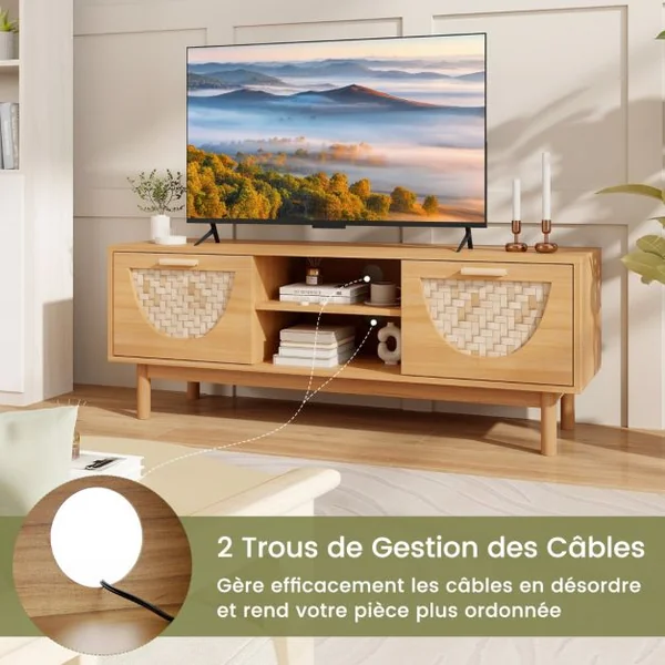 Meuble TV jusqu'à 55" Table Console Multimédia Moderne Etagères Ouvertes Tiroirs Tissés en Bambou Centre de Divertissement Blanc et Naturel