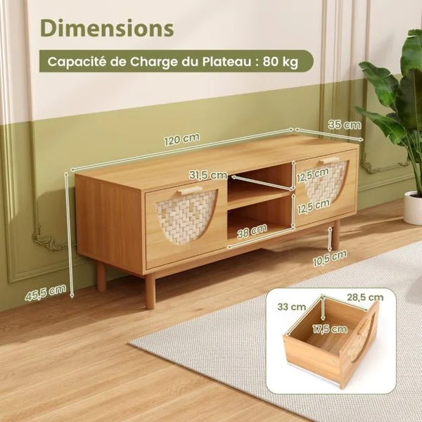 Meuble TV jusqu'à 55" Table Console Multimédia Moderne Etagères Ouvertes Tiroirs Tissés en Bambou Centre de Divertissement Blanc et Naturel