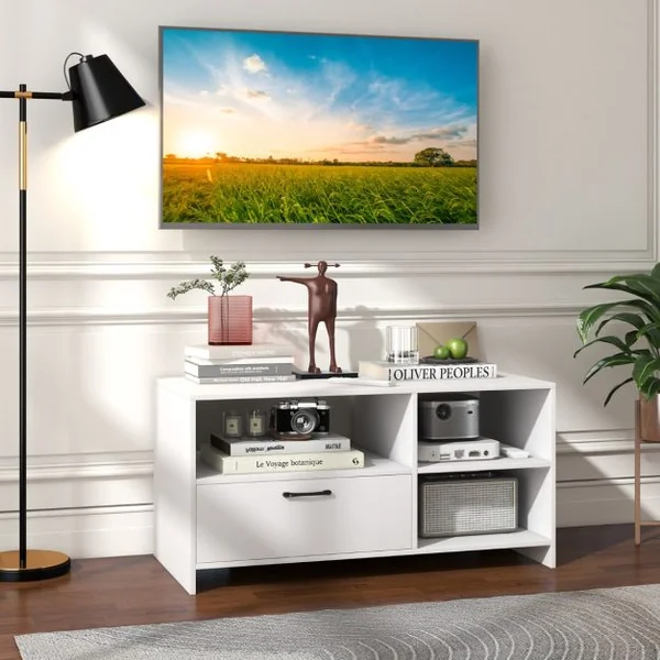 Meuble TV Meuble Télé avec Tiroir et 3 Compartiments Meuble pour TV jusqu'à 50 Pouces pour Salon Chambre Salle Blanc 104,5 x 51,5 x 52 cm Blanche