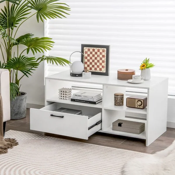Meuble TV Meuble Télé avec Tiroir et 3 Compartiments Meuble pour TV jusqu'à 50 Pouces pour Salon Chambre Salle Blanc 104,5 x 51,5 x 52 cm Blanche