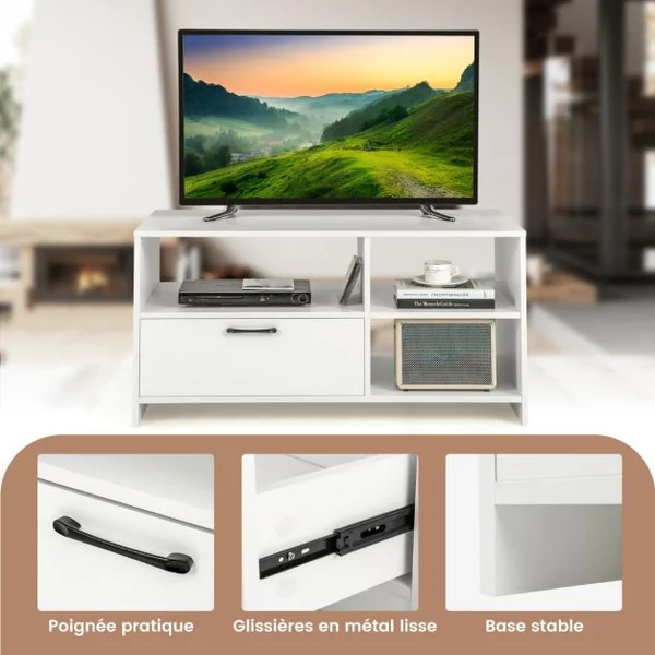 Meuble TV Meuble Télé avec Tiroir et 3 Compartiments Meuble pour TV jusqu'à 50 Pouces pour Salon Chambre Salle Blanc 104,5 x 51,5 x 52 cm Blanche