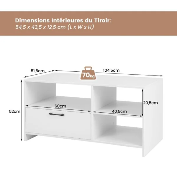 Meuble TV Meuble Télé avec Tiroir et 3 Compartiments Meuble pour TV jusqu'à 50 Pouces pour Salon Chambre Salle Blanc 104,5 x 51,5 x 52 cm Blanche
