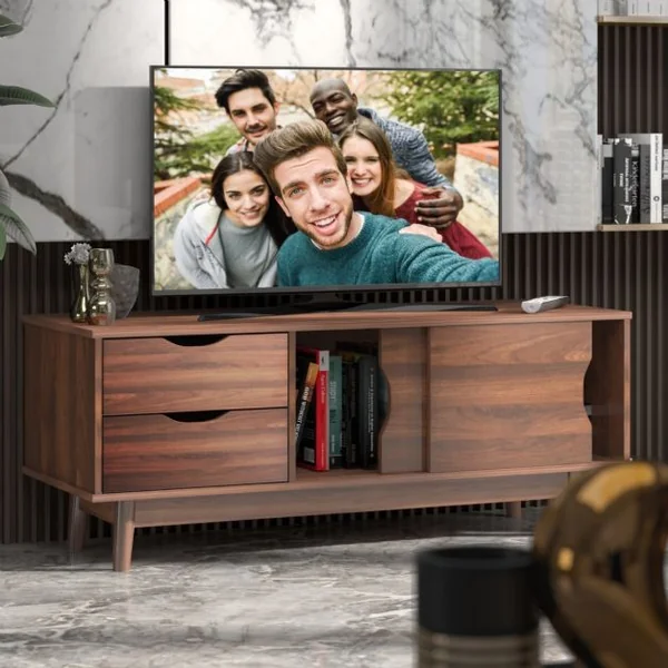 Meuble TV Moderne avec 2 Tiroirs 2 Portes Coulissantes et Trou de Gestion des Câbles Vitrine Café