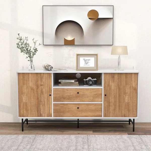 Meuble TV Polyvalent Armoire Basse Moderne Du Milieu Du Siècle avec Portes Coulissantes à Tambour 2 Tiroirs de Rangement Station Bar-café Blanc