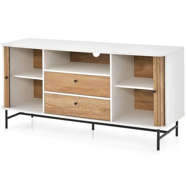 Meuble TV Polyvalent Armoire Basse Moderne Du Milieu Du Siècle avec Portes Coulissantes à Tambour 2 Tiroirs de Rangement Station Bar-café Blanc