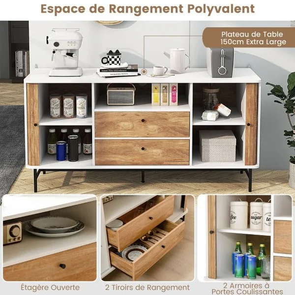 Meuble TV Polyvalent Armoire Basse Moderne Du Milieu Du Siècle avec Portes Coulissantes à Tambour 2 Tiroirs de Rangement Station Bar-café Blanc