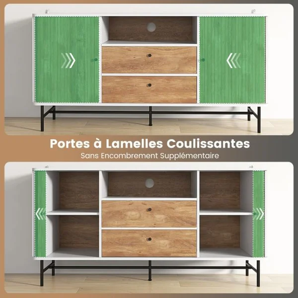 Meuble TV Polyvalent Armoire Basse Moderne Du Milieu Du Siècle avec Portes Coulissantes à Tambour 2 Tiroirs de Rangement Station Bar-café Blanc