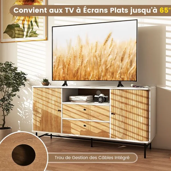 Meuble TV Polyvalent Armoire Basse Moderne Du Milieu Du Siècle avec Portes Coulissantes à Tambour 2 Tiroirs de Rangement Station Bar-café Blanc