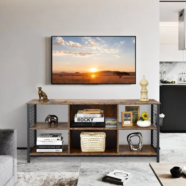 Meuble TV pour Jusqu'à 65 Table Console à 3 Niveaux en Bois Café