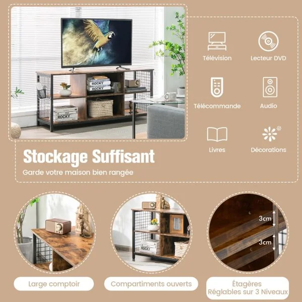 Meuble TV pour Jusqu'à 65 Table Console à 3 Niveaux en Bois Café