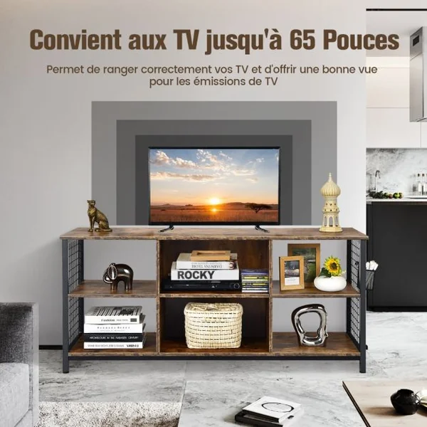 Meuble TV pour Jusqu'à 65 Table Console à 3 Niveaux en Bois Café