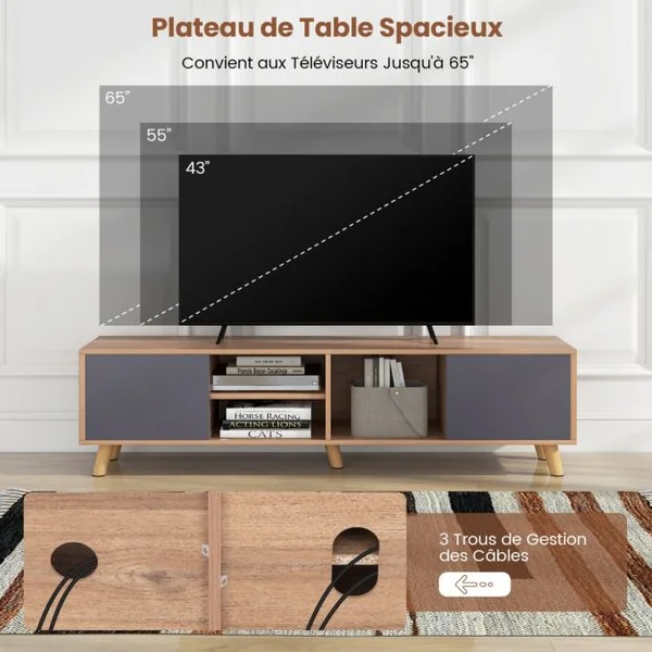Meuble TV pour Téléviseurs jusqu'à 65 Pouces Etagère Ouverte Table Console avec 3 Trous de Gestion des Câbles Centre de Divertissement