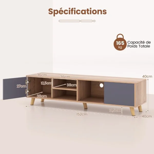 Meuble TV pour Téléviseurs jusqu'à 65 Pouces Etagère Ouverte Table Console avec 3 Trous de Gestion des Câbles Centre de Divertissement