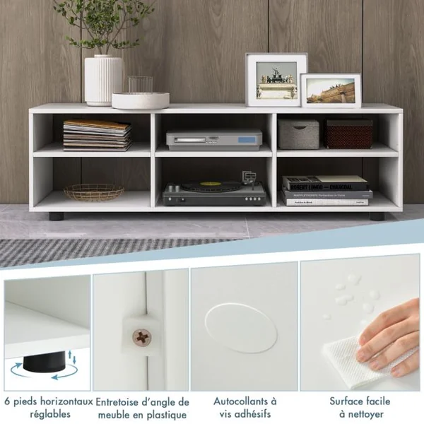 Meuble TV à 3 Niveaux avec 6 Compartiment Banc TV pour TV Jusqu'à 55 Pouces pour Salon Chambre 115 x 39 x 34,5cm Blanc