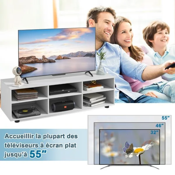 Meuble TV à 3 Niveaux avec 6 Compartiment Banc TV pour TV Jusqu'à 55 Pouces pour Salon Chambre 115 x 39 x 34,5cm Blanc
