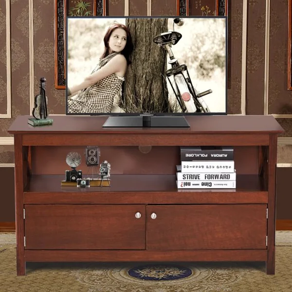 Meuble TV à 3 Niveaux avec Compartiment et Placard 2 Portes pour TV Jusqu'à 48 Pouces 112x40x61CM Charge Max 80KG Gris