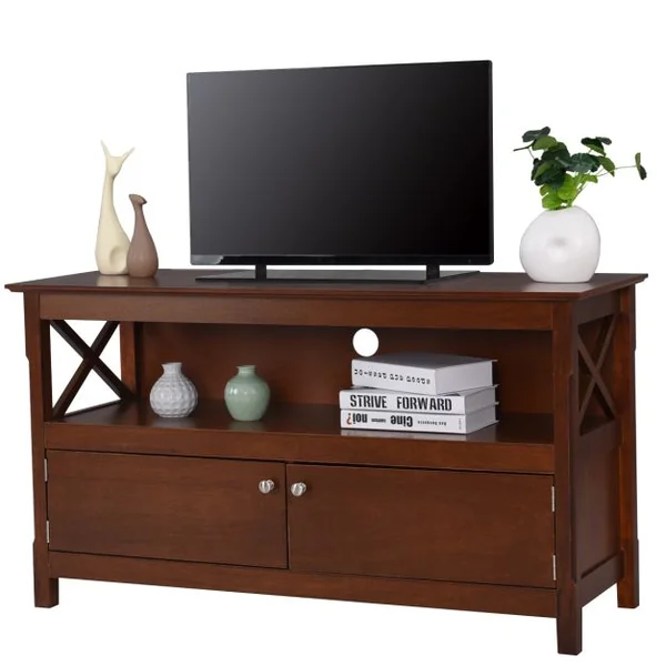 Meuble TV à 3 Niveaux avec Compartiment et Placard 2 Portes pour TV Jusqu'à 48 Pouces 112x40x61CM Charge Max 80KG Gris