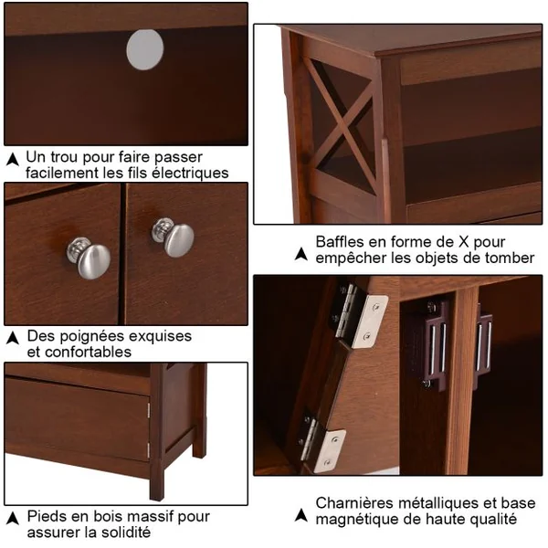 Meuble TV à 3 Niveaux avec Compartiment et Placard 2 Portes pour TV Jusqu'à 48 Pouces 112x40x61CM Charge Max 80KG Gris