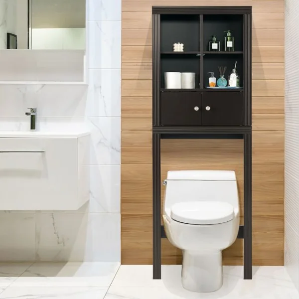 Meuble WC au-Dessus de Toilette / Lave-Linge 4 Compartiments Ouverts 1 Placard à 2 Portes Anti-Basculement Marron