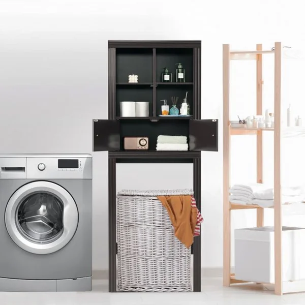 Meuble WC au-Dessus de Toilette / Lave-Linge 4 Compartiments Ouverts 1 Placard à 2 Portes Anti-Basculement Marron