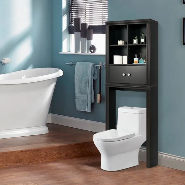 Meuble WC au-Dessus de Toilette / Lave-Linge 4 Compartiments Ouverts 1 Placard à 2 Portes Anti-Basculement Marron