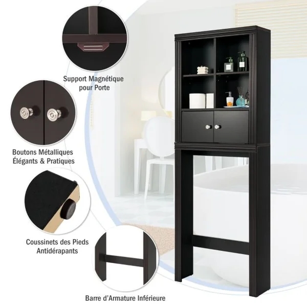 Meuble WC au-Dessus de Toilette / Lave-Linge 4 Compartiments Ouverts 1 Placard à 2 Portes Anti-Basculement Marron