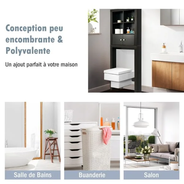 Meuble WC au-Dessus de Toilette / Lave-Linge 4 Compartiments Ouverts 1 Placard à 2 Portes Anti-Basculement Marron