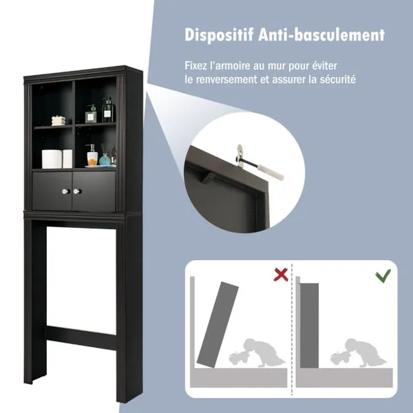 Meuble WC au-Dessus de Toilette / Lave-Linge 4 Compartiments Ouverts 1 Placard à 2 Portes Anti-Basculement Marron