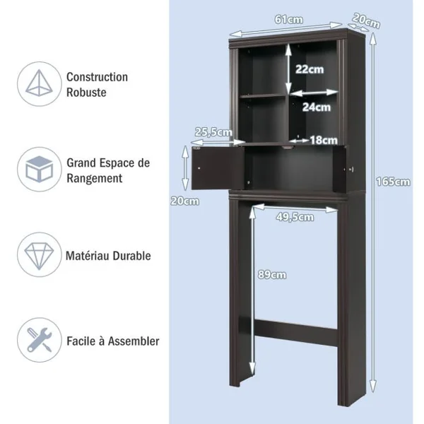 Meuble WC au-Dessus de Toilette / Lave-Linge 4 Compartiments Ouverts 1 Placard à 2 Portes Anti-Basculement Marron