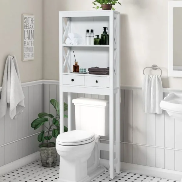 Meuble WC au-Dessus de Toilettes avec 3 Étagères et 2 Tiroirs Barre Inférieure Réglable Dispositif Anti-basculement