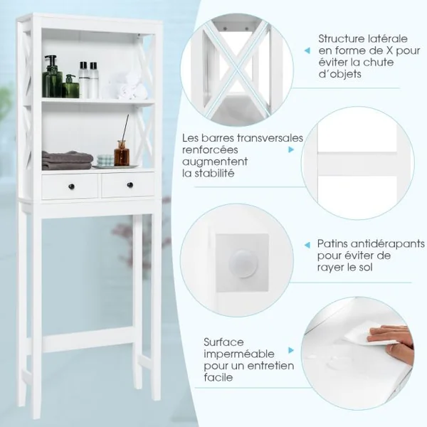 Meuble WC au-Dessus de Toilettes avec 3 Étagères et 2 Tiroirs Barre Inférieure Réglable Dispositif Anti-basculement