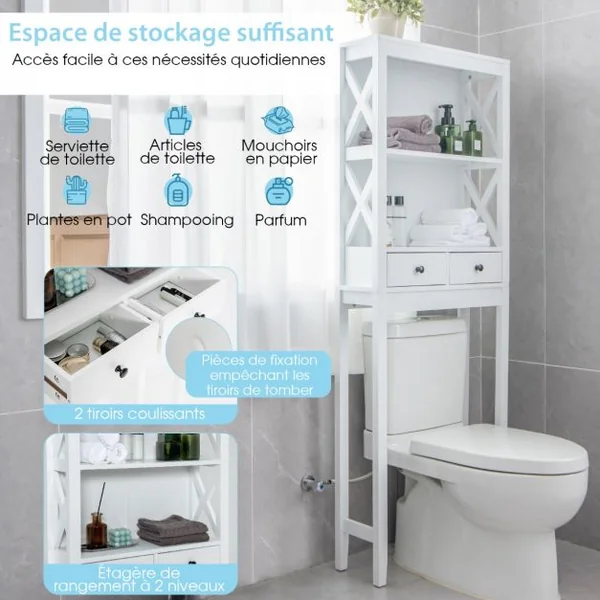 Meuble WC au-Dessus de Toilettes avec 3 Étagères et 2 Tiroirs Barre Inférieure Réglable Dispositif Anti-basculement