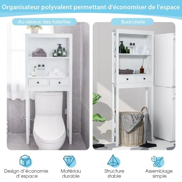 Meuble WC au-Dessus de Toilettes avec 3 Étagères et 2 Tiroirs Barre Inférieure Réglable Dispositif Anti-basculement