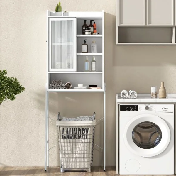 Meuble WC Au-dessus de Toilettes avec Porte Vitrée Coulissante Meuble de Rangement Industriel Cadre en Métal Étagères Réglables Blanc