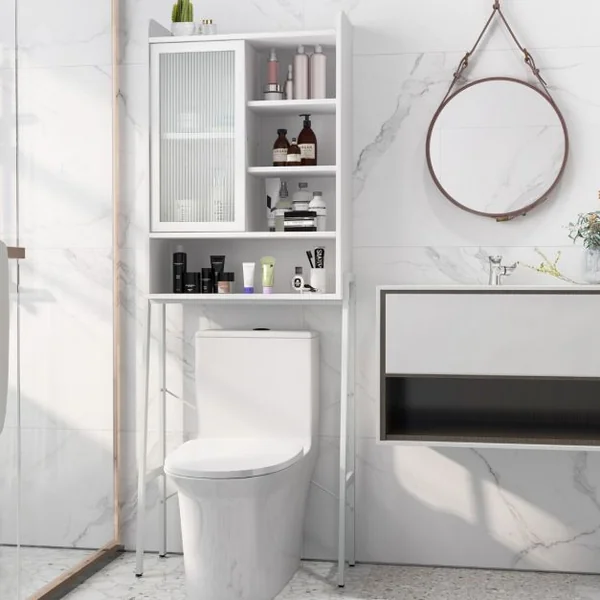 Meuble WC Au-dessus de Toilettes avec Porte Vitrée Coulissante Meuble de Rangement Industriel Cadre en Métal Étagères Réglables Blanc