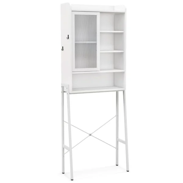 Meuble WC Au-dessus de Toilettes avec Porte Vitrée Coulissante Meuble de Rangement Industriel Cadre en Métal Étagères Réglables Blanc