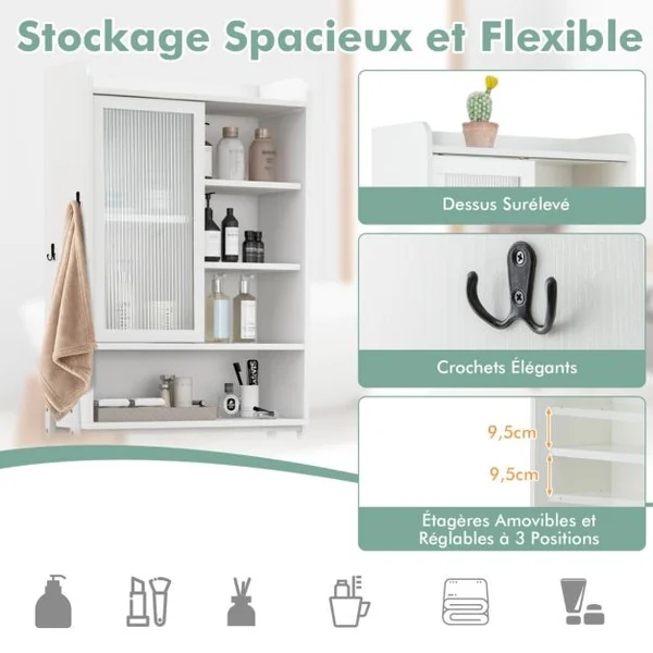 Meuble WC Au-dessus de Toilettes avec Porte Vitrée Coulissante Meuble de Rangement Industriel Cadre en Métal Étagères Réglables Blanc