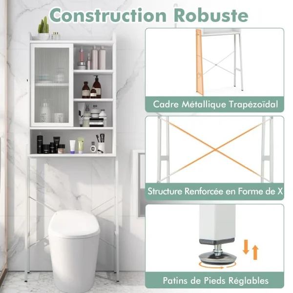 Meuble WC Au-dessus de Toilettes avec Porte Vitrée Coulissante Meuble de Rangement Industriel Cadre en Métal Étagères Réglables Blanc