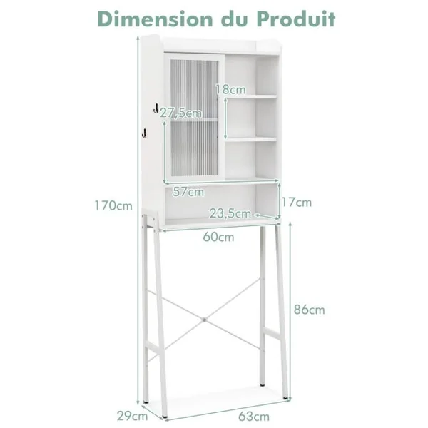 Meuble WC Au-dessus de Toilettes avec Porte Vitrée Coulissante Meuble de Rangement Industriel Cadre en Métal Étagères Réglables Blanc