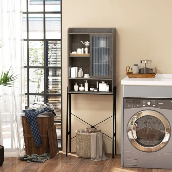 Meuble WC Au-dessus de Toilettes avec Porte Vitrée Coulissante Meuble de Rangement Industriel Cadre en Métal Étagères Réglables Gris