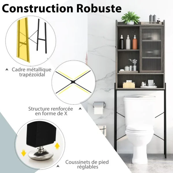 Meuble WC Au-dessus de Toilettes avec Porte Vitrée Coulissante Meuble de Rangement Industriel Cadre en Métal Étagères Réglables Gris