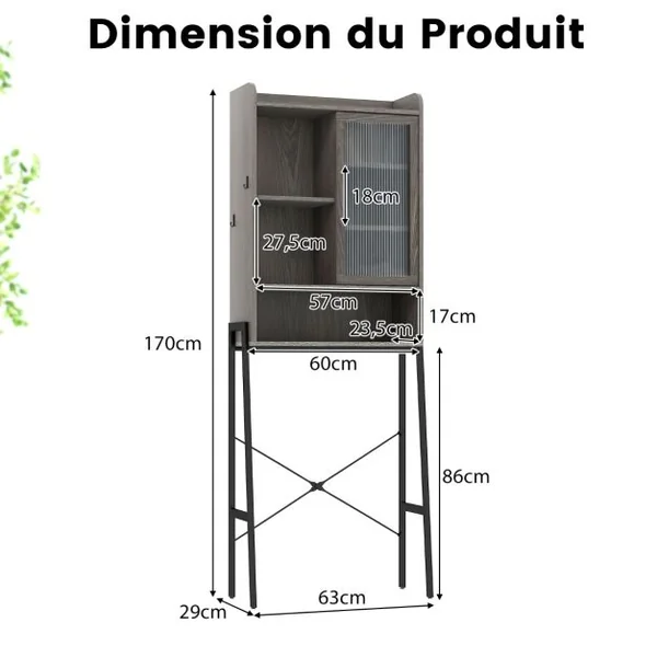 Meuble WC Au-dessus de Toilettes avec Porte Vitrée Coulissante Meuble de Rangement Industriel Cadre en Métal Étagères Réglables Gris