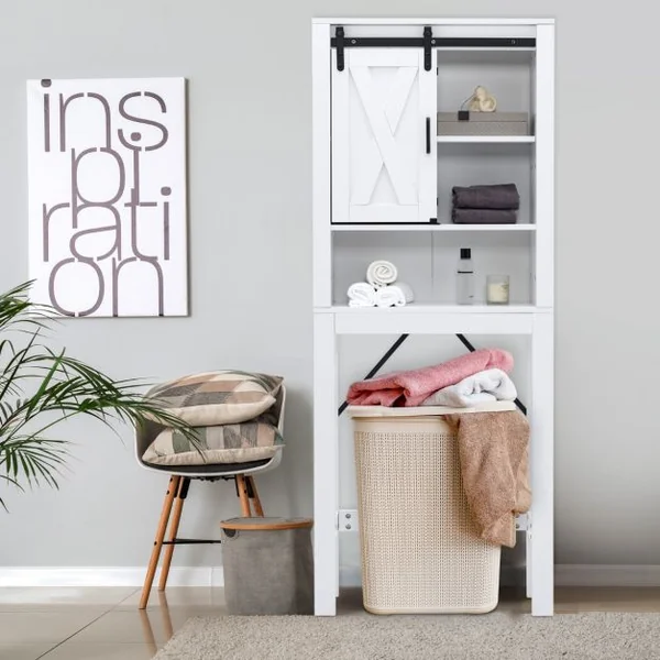 Meuble WC au-Dessus de Toilettes en Bois 3 Étagères avec Porte Coulissante pour Salle de Bain 68x22x171cm