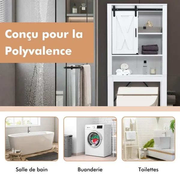 Meuble WC au-Dessus de Toilettes en Bois 3 Étagères avec Porte Coulissante pour Salle de Bain 68x22x171cm