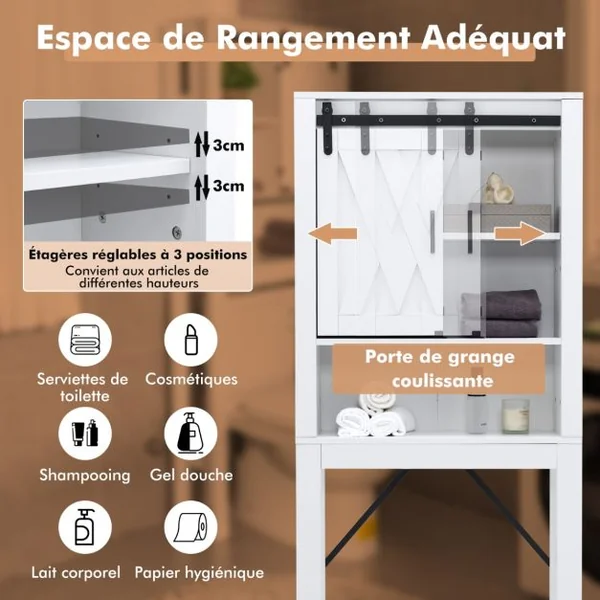 Meuble WC au-Dessus de Toilettes en Bois 3 Étagères avec Porte Coulissante pour Salle de Bain 68x22x171cm